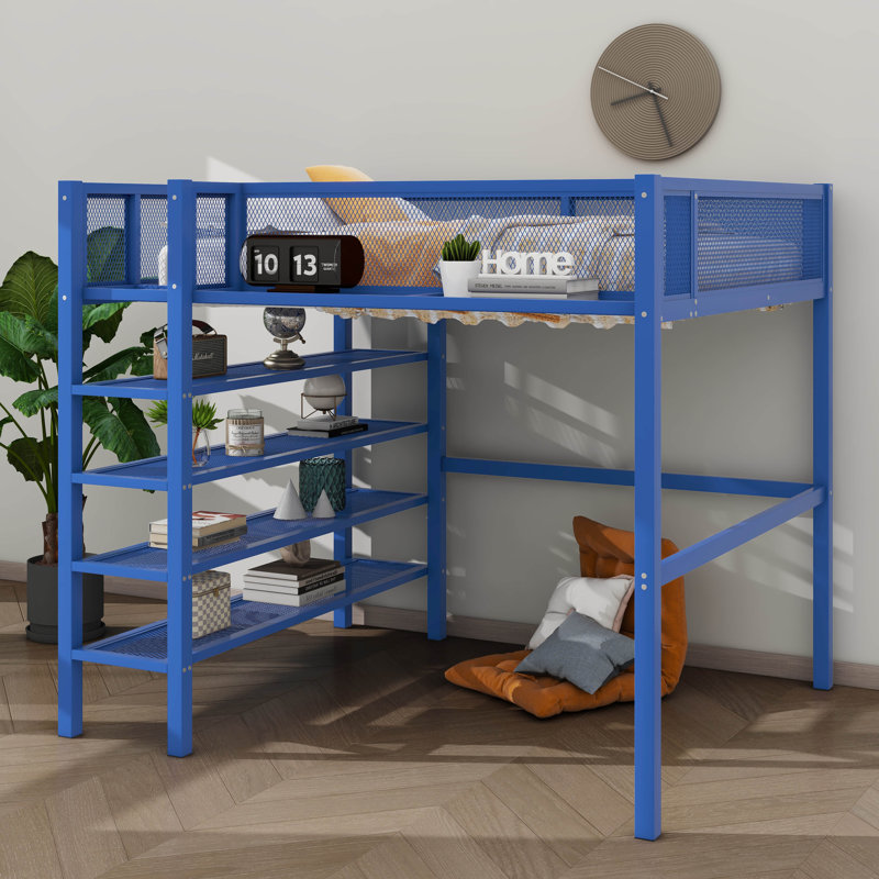 Lit mezzanine en métal avec tablettes à 4 niveaux et rangement Alexandreia, Double, Bleu