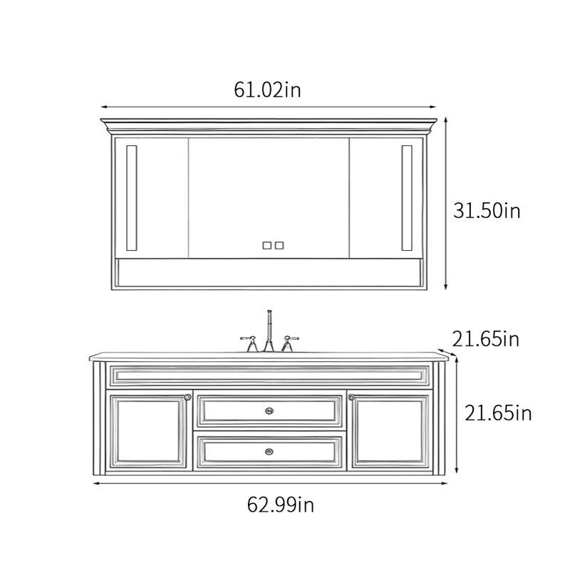 Armoire de salle de bain de style américain rétro, H 21,65 po x l 62,99 po x P 21,65 po, Blanc cassé