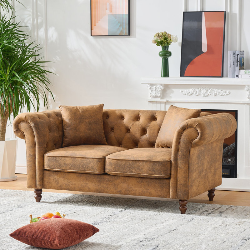 Lunell Chesterfield Sofa with Plush Comfort, Durable Tech Fabric, Brown, 29" H x 63" W x 33" D, 2