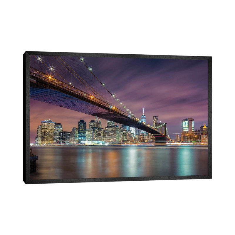 Brooklyn Bridge At Night by Michael Zheng - Print on Canvas, Black Floater Framed, 45.72cm H x 66.04cm W x 3.81cm D