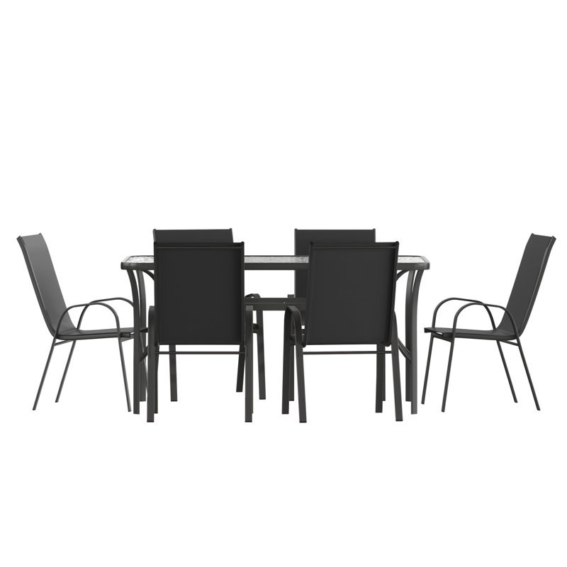 Ensemble repas d'extérieur 7 pièces avec table en verre et 6 chaises Aundreia, Noir