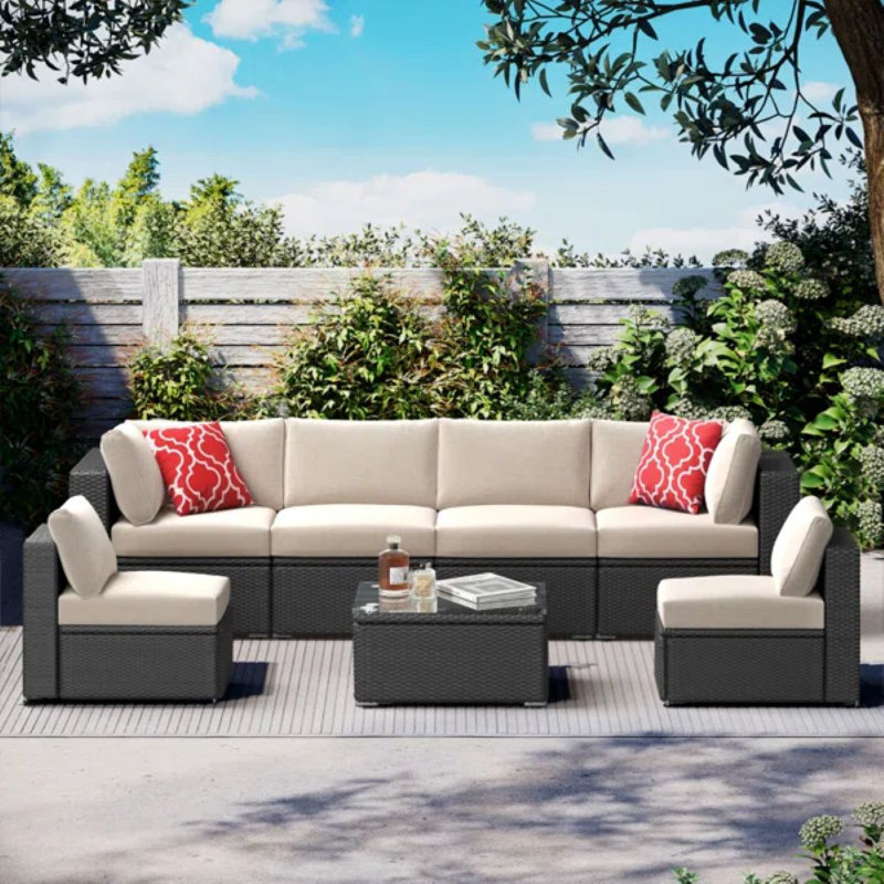 Groupe de sièges modulaires en rotin avec coussins 7 pièces, Coussin beige / gris foncé