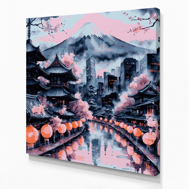 Art mural sur toile avec villes grises, Japon, H 16 po x l 16 po