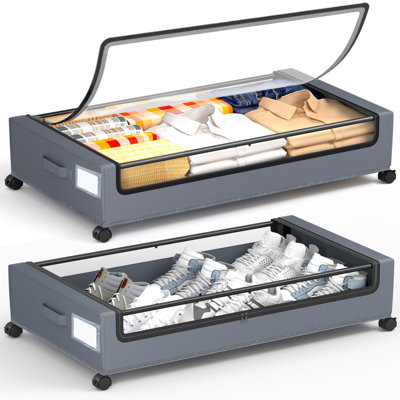 Rangement sous le lit avec roulettes, paquet de 2 contenants carrés, bacs de 60 L, tiroir roulant en métal pour vêtements, couvertures, chaussures