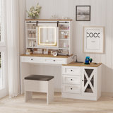Modern with LED Lighted Mirror and Built-in 3-mode Lighting 3 Drawer Dresser with Stool and Side Cabinet