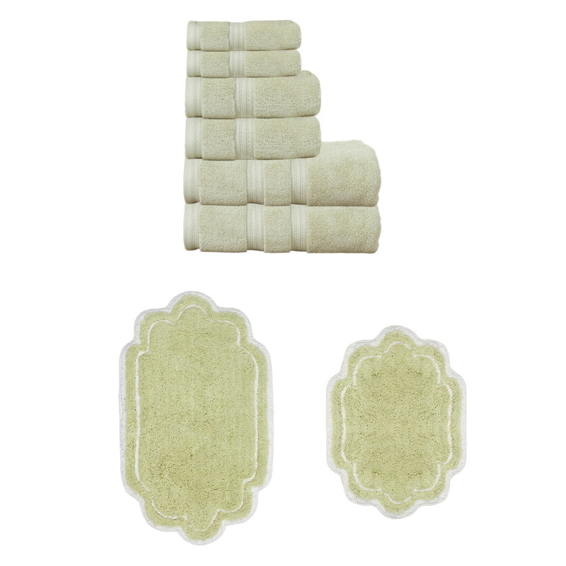 Talbert Collection 100% Soft Cotton 6 Pc Towel Set & 2 Pc Bath Rug Set, (Set of 8), Green