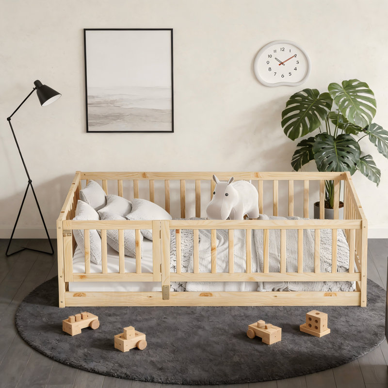 Lit double en chêne avec clôture et porte Montessori, Lit double, Chêne