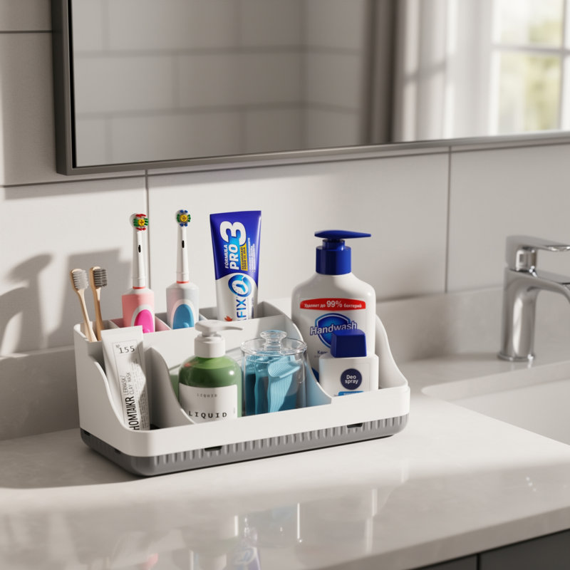 Organisateur de comptoir de salle de bain, porte-brosse à dents à 7 fentes avec compartiments amovibles, dentifrice antidérapant et organisateur de brosse à dents électrique pour le rangement du comptoir