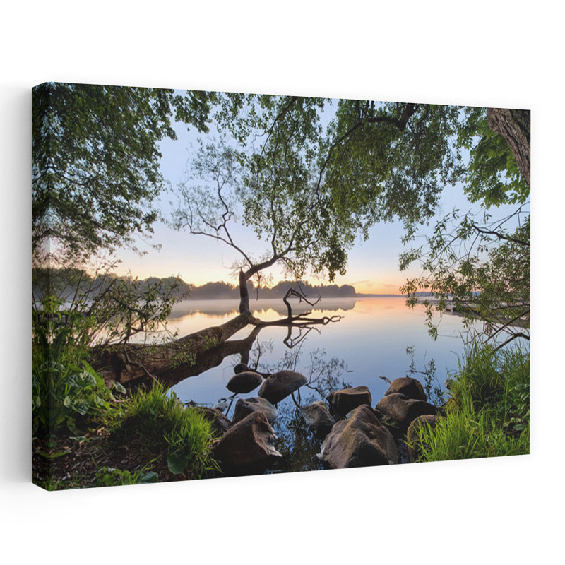Art contemporain, paysage paisible côtier serein et tranquille, H 32 po x l 48 po
