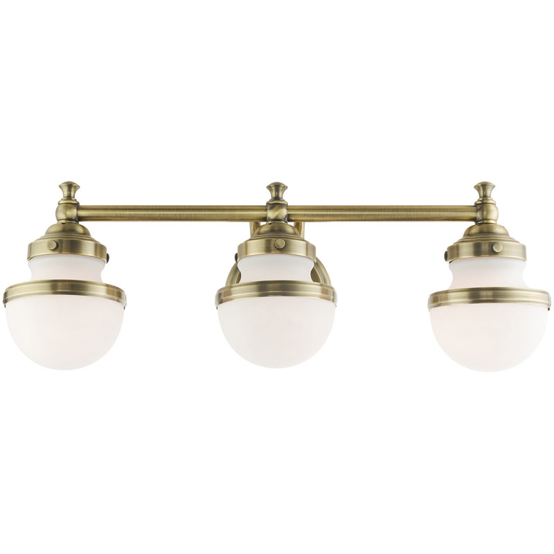 Éclairage pour salle de bain avec abat-jour en verre - luminaire de 24 po à 3 lumières., Blanc, Laiton antique
