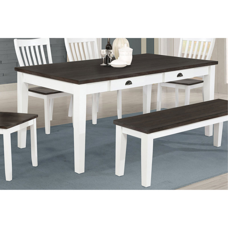 Et table de salle à manger blanche et antique avec 2 tiroirs, conception rustique, placage, pieds, convient aux cuisines de campagne