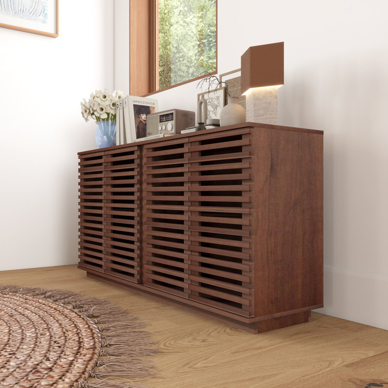Minimalist Style Storage Cabinet With Solid Wood Slatted Doors