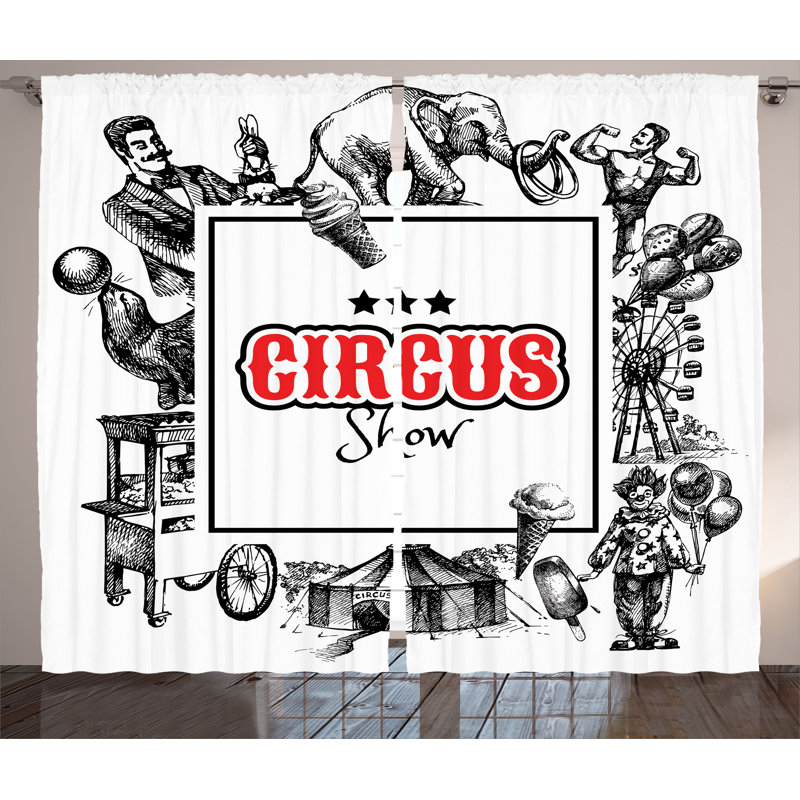 Circus Graphic Print and Text Semi-Sheer Rod Pocket Curtain Panels, 54" W x 90" L