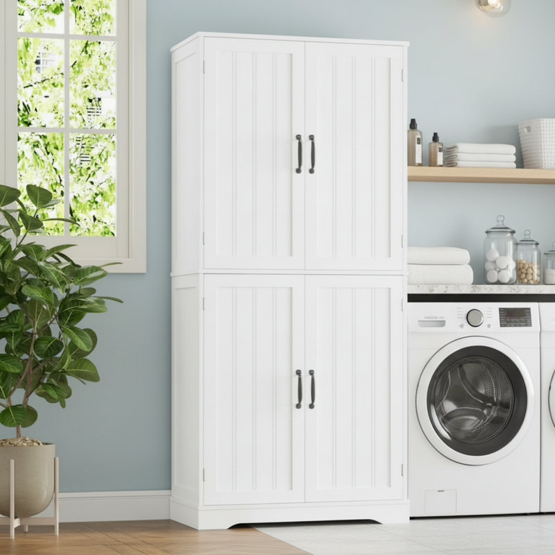 71-Inch Freestanding White Wood-Linen Storage Cabinet With 6 Shelves, Suitable For Bathroom And Living Room Spaces.