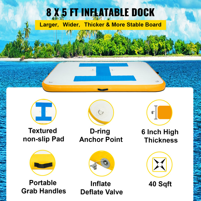 Plateforme gonflable de quai gonflable de 8 pi x 5 pi avec pompe à air électrique VEVOR, plate-forme de bain gonflable de 6 po d'épaisseur, quai flottant pour 4 à 6 personnes, pour piscine, plage, océan