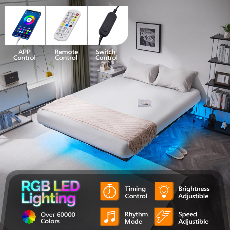 14 In. Floating Bed Frame With Usb Charging Station/Led Light, Queen