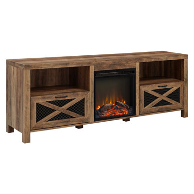 Industrial Farmhouse Metal Mesh Drop-Down X-Door 70" Fireplace Tv Stand For 80" Tvs - Rustic Oak