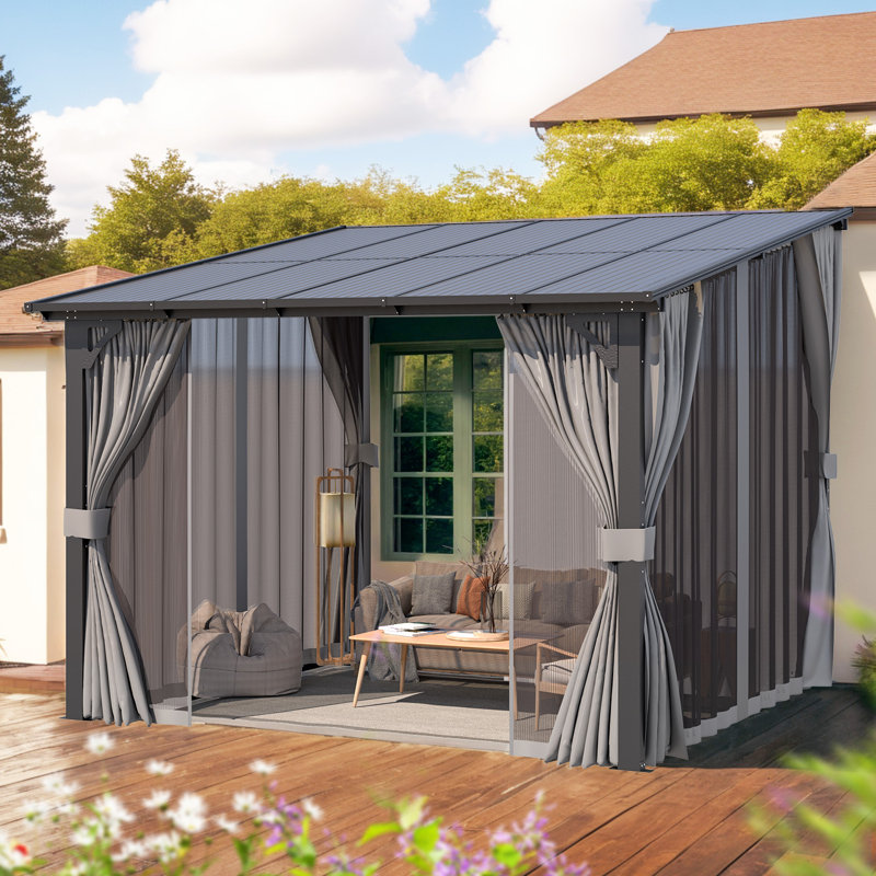 Wall-Mounted Lean To Pergola Gazebo With Curtains And Netting, 96" H x 121" W x 121" D