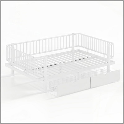 Full Size Platform Bed with Storage Drawers, Metal Daybed Frame with Upgraded Safety Round-Pipe Design, Low Profile Design, White