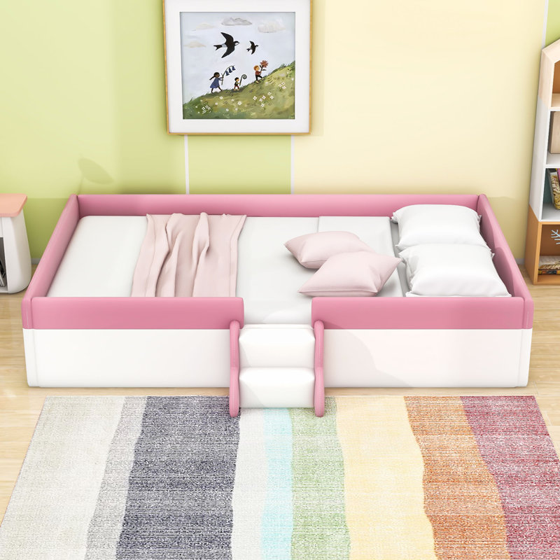 Upholstered Daybed with Guardrails and Stairs, White/Pink, Full