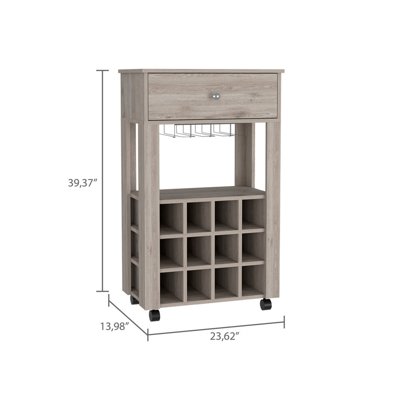 Memphis Bar Cart, Twelve Built-in Wine Rack, Four Legs, One Open Shelf, Gray