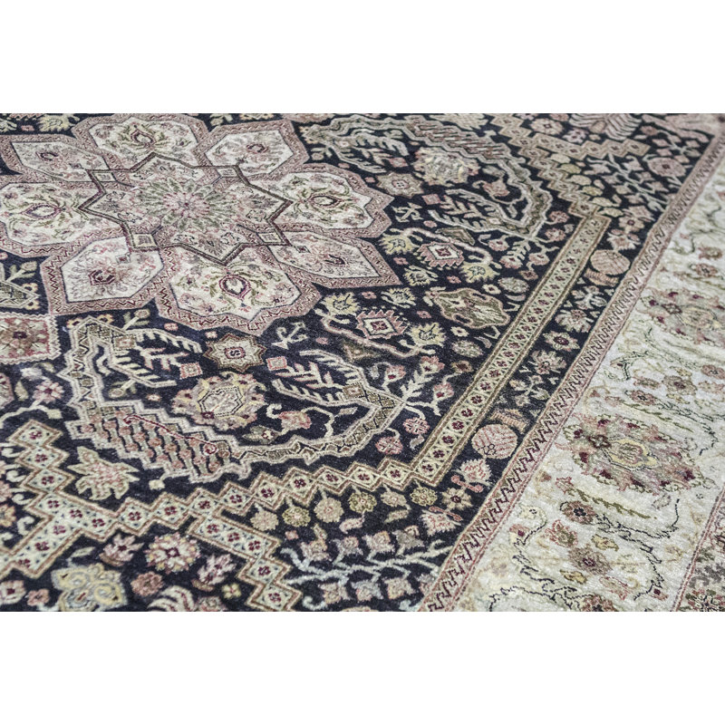 Tapis noir et gris de haute qualité noué à la main