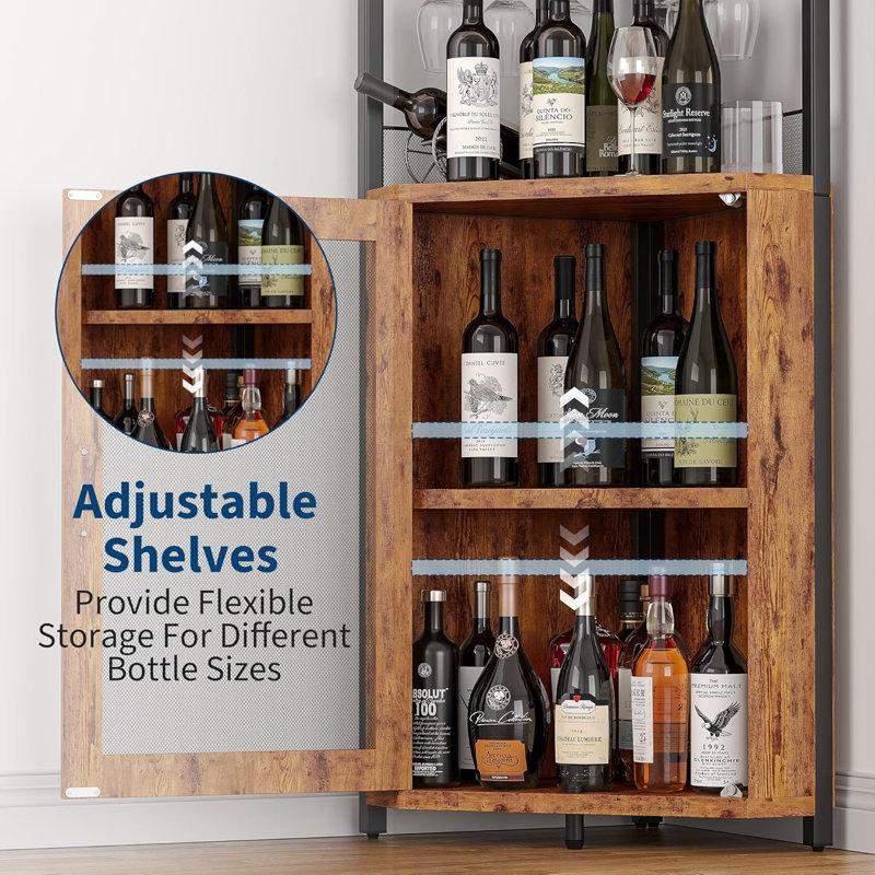 Armoire de coin avec porte-bouteilles et porte-verres, armoire de bar industrielle à 5 niveaux, brun, 60.6 18.5 5.1, Brun