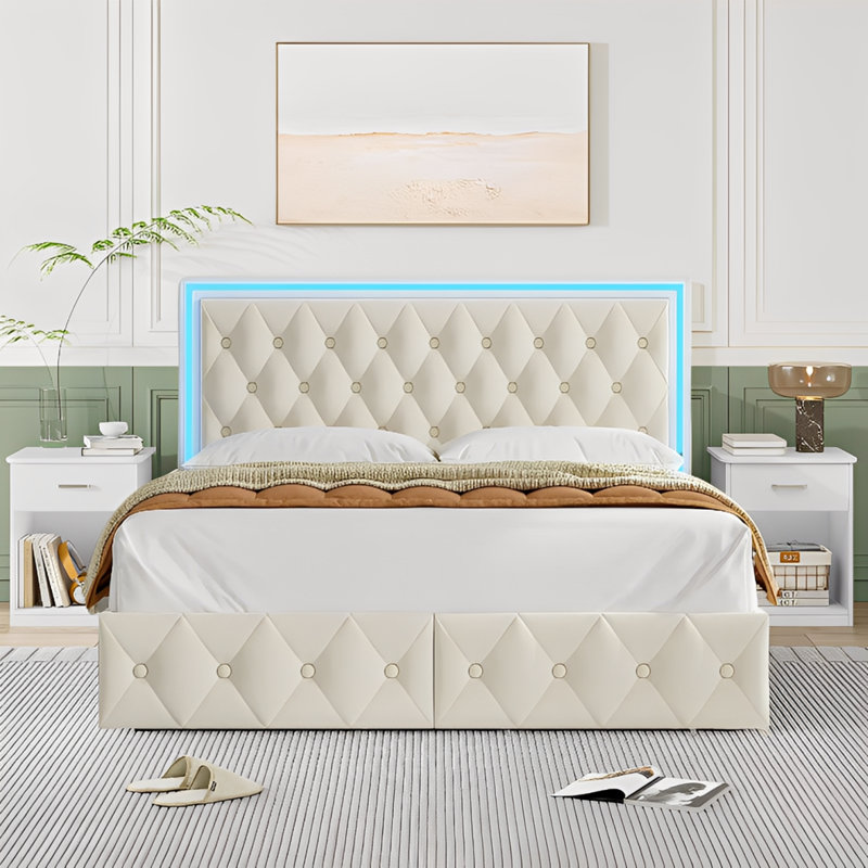 Color: Gray Bed+ Gray Nightstands 4-Drawer PU Storage 3-Piece Bedroom Set, King, Cream