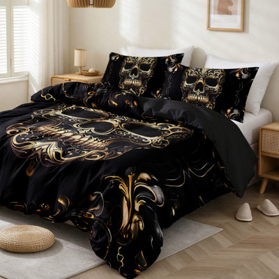Gothic Skull Duvet Cover Set King Size,3 Pieces Bedding Set for Bedroom Decor Vintage Gold Skeleton Comforter Cover with 1 Pillowcases