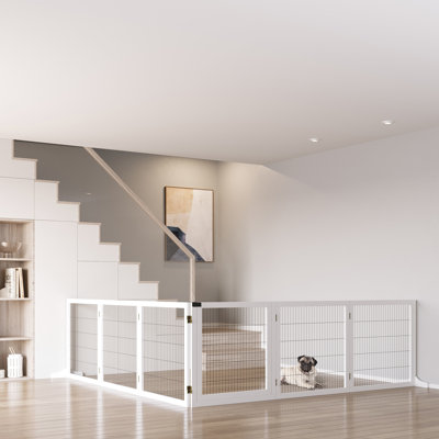 170" Wooden Dog Gate, White. Foldable Pet Gate. 6 With 2 Support Feet. Stable Wood & Steel Structure. Easy Entry And Exit. For Small Medium Dogs. Fits Doorway, Stairs, Hallway Barrier Suitable For To