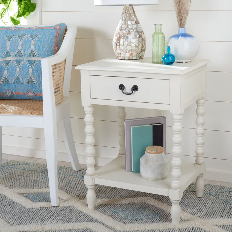 Modern Athena Farmhouse End Table –Solid Wood Design in Distressed White with Storage Drawer & Shelf, Distressed White
