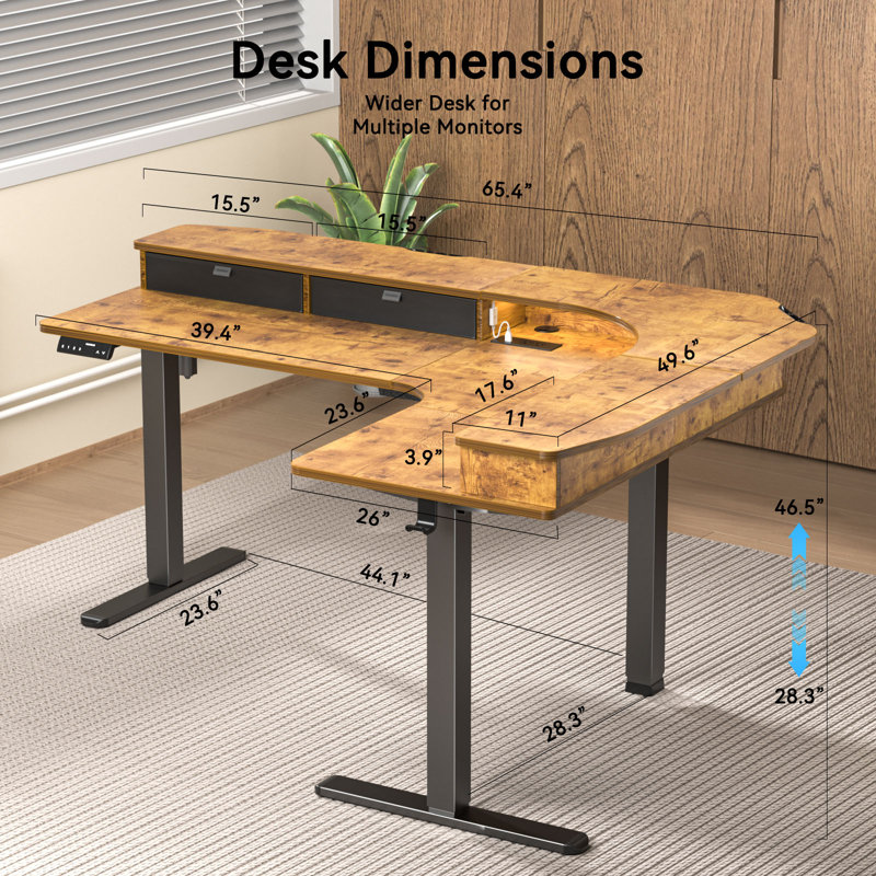  63" Height Adjustable L-Shaped Desk With Power Outlets & 3 Drawers, Standing Desk For Home Office, Brown/Black