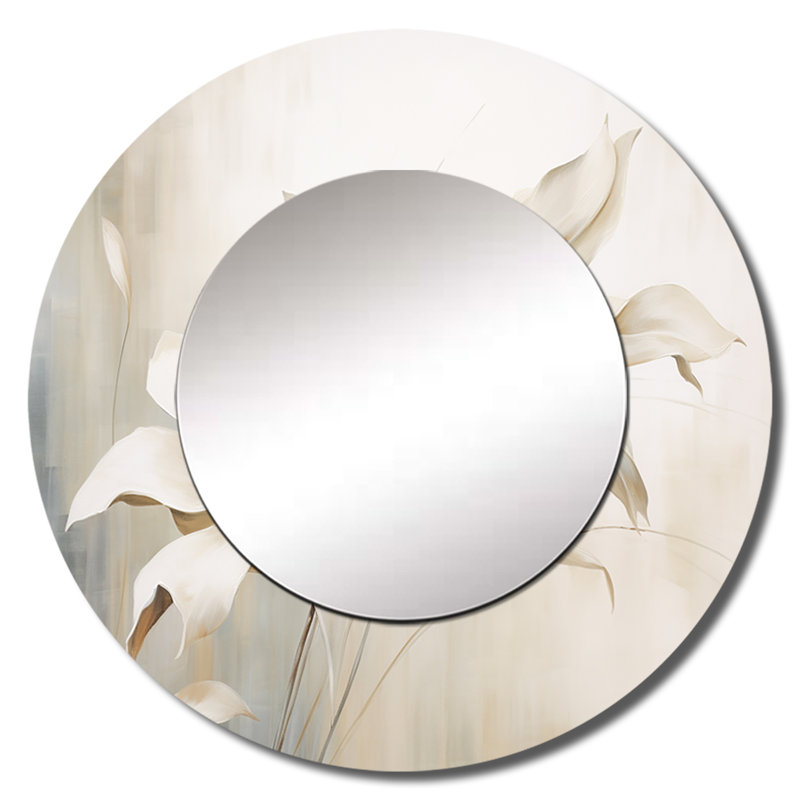 Orvella White Botanical Elegance III - grand miroir botanique, miroir mural décoratif rond moderne, impression d'art en métal