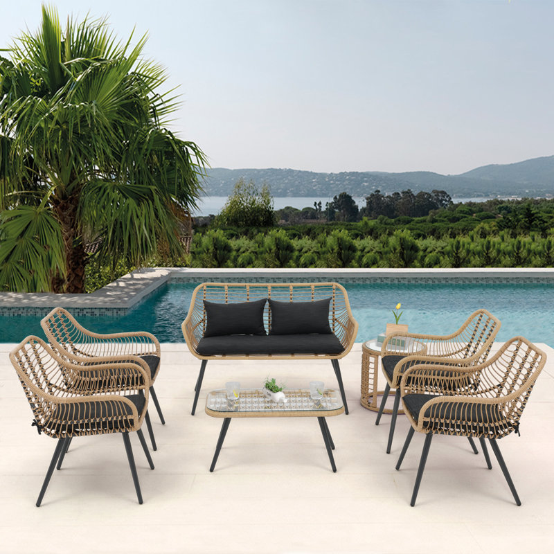 Cuesta Rattan Sofa Seating Group with Cushions, Black, No
