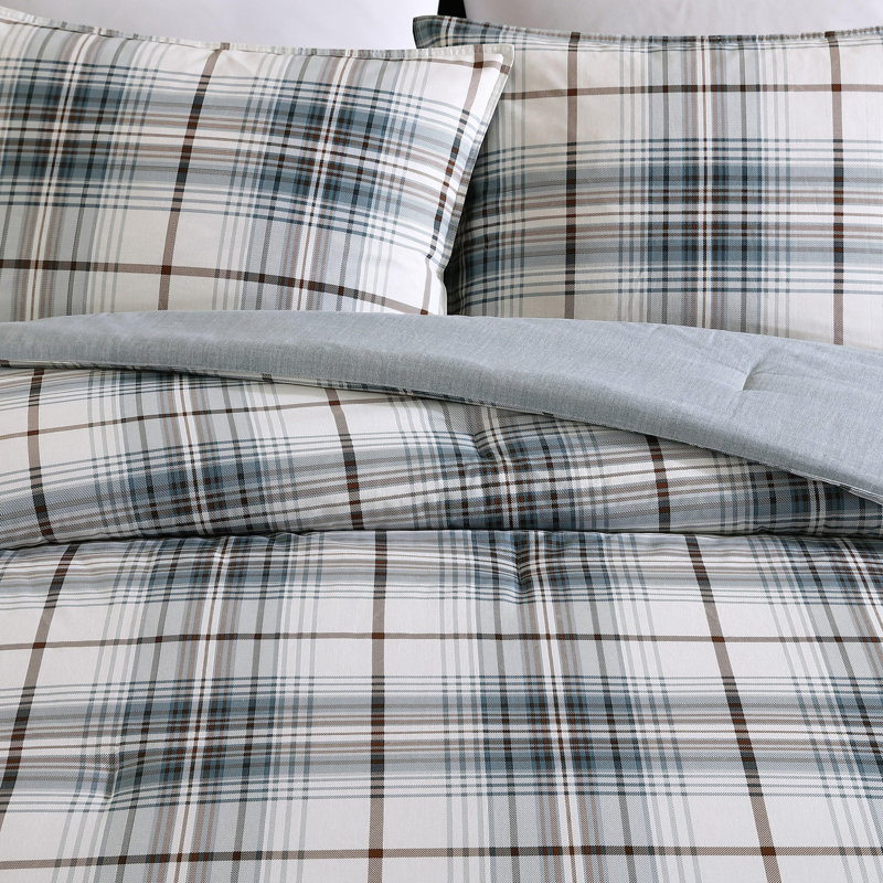 Alder Blue and Grey Plaid Cotton Twin Comforter Set
