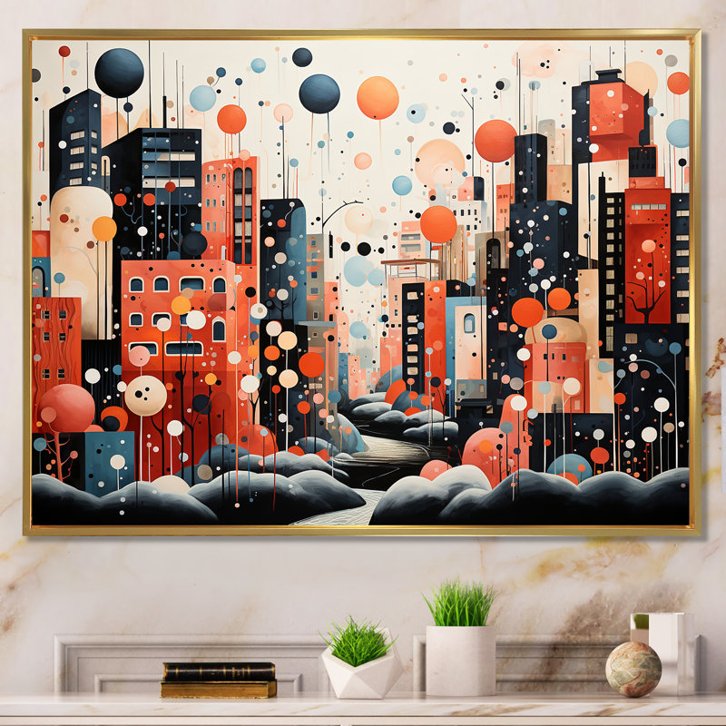 Orange, paysage urbain, art déco II, H 12 po x l 20 po x P 1 po, Cadre flottant doré