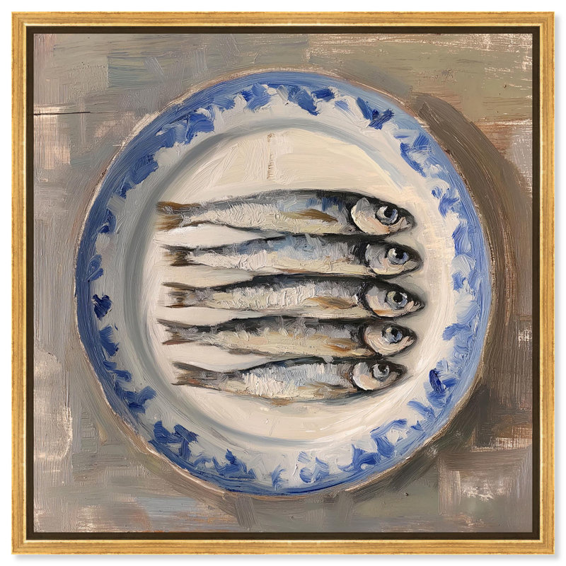 «Sardines Still Life» par Art Remedy, H 13 po x l 13 po, Cadre flottant, Doré