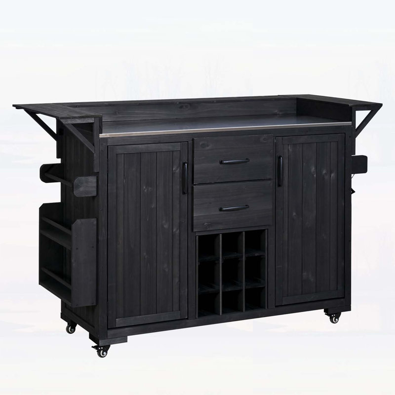 Durable Kitchen Island with Wheels,Stainless Steel Top,and Multiple Storage Options for BBQ and Grilling, Black