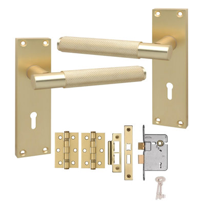 Golden Grace Victorian T-Bar Knurled Lock Door Handle Set Satin Brushed Brass Finish with 2.5" 3 Lever Lock - 150mm