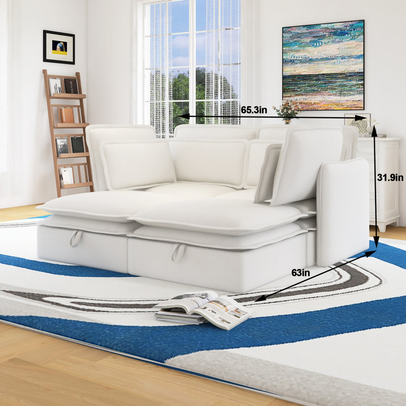 Double-Layer Cushion Modular Sofa, Freely Combinable, 4-Seater With Storage Function, Beige