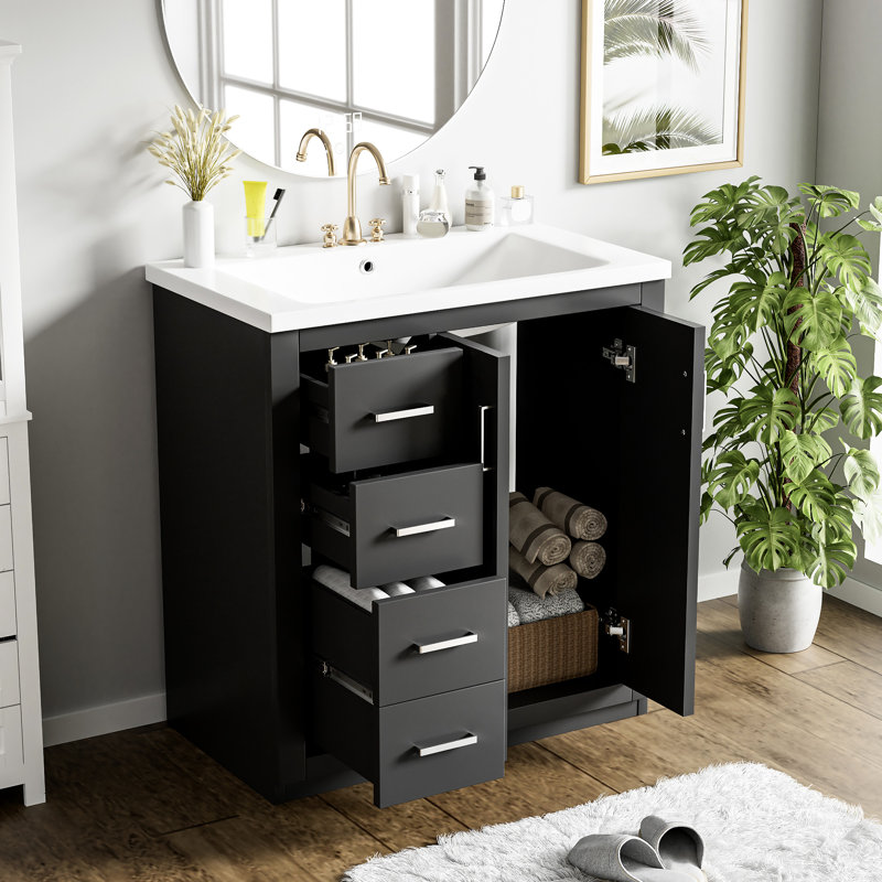 Armoire de salle de bain 30 po avec lavabo en céramique - bois massif et 3 tiroirs, Noir, Argent argent
