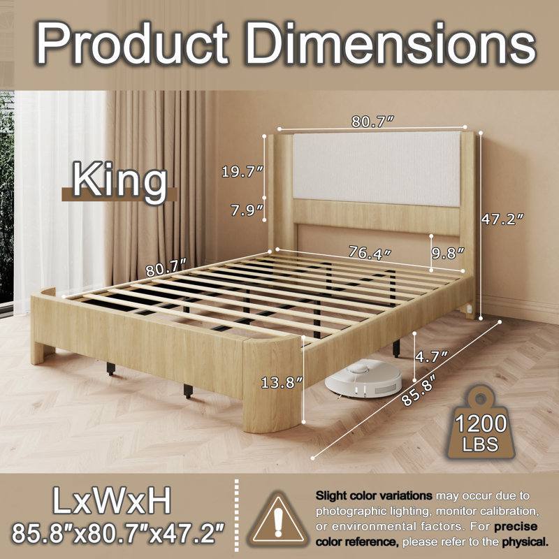 Très grand cadre de lit très grand avec lumières DEL intelligentes, lit plateforme tapissier avec tête de lit à oreilles capitonnée, aucun sommier requis, assemblage facile, similicuir, chêne blanchi