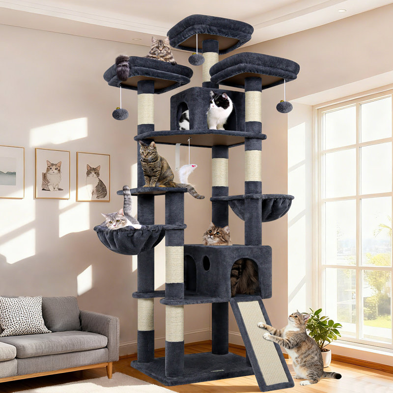 211CM Multi-Level Large Cat Tree Tower for Indoor Cats with Sisal Scratching Post, Hammock & 2 Condos,Light Gray, Dark Gray