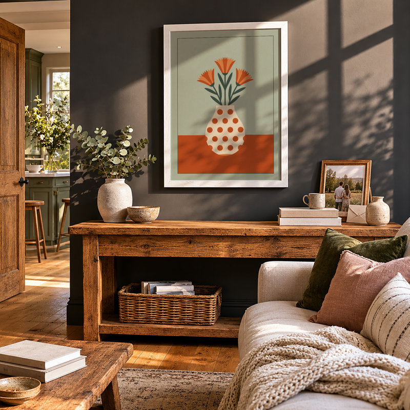 Polka Dot Vase Mid-Century - Framed Print, A2 - 59.4 x 42.0 cm, White