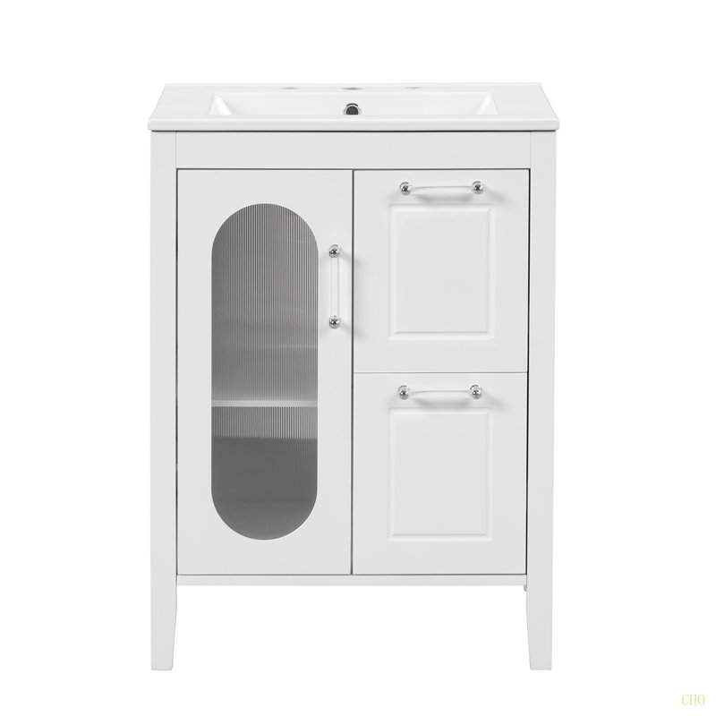 Meuble-lavabo 24 po avec lavabo, meuble-lavabo avec deux tiroirs et porte, tablette réglable, bois massif et panneau de fibres à densité moyenne