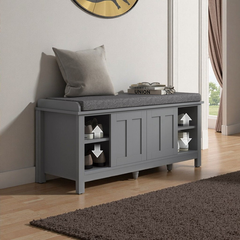 HOMCOM Gray Shoe Rack Entryway Bench with Removable Cushion & Sliding Doors, Storage for 10 Pairs, Gray