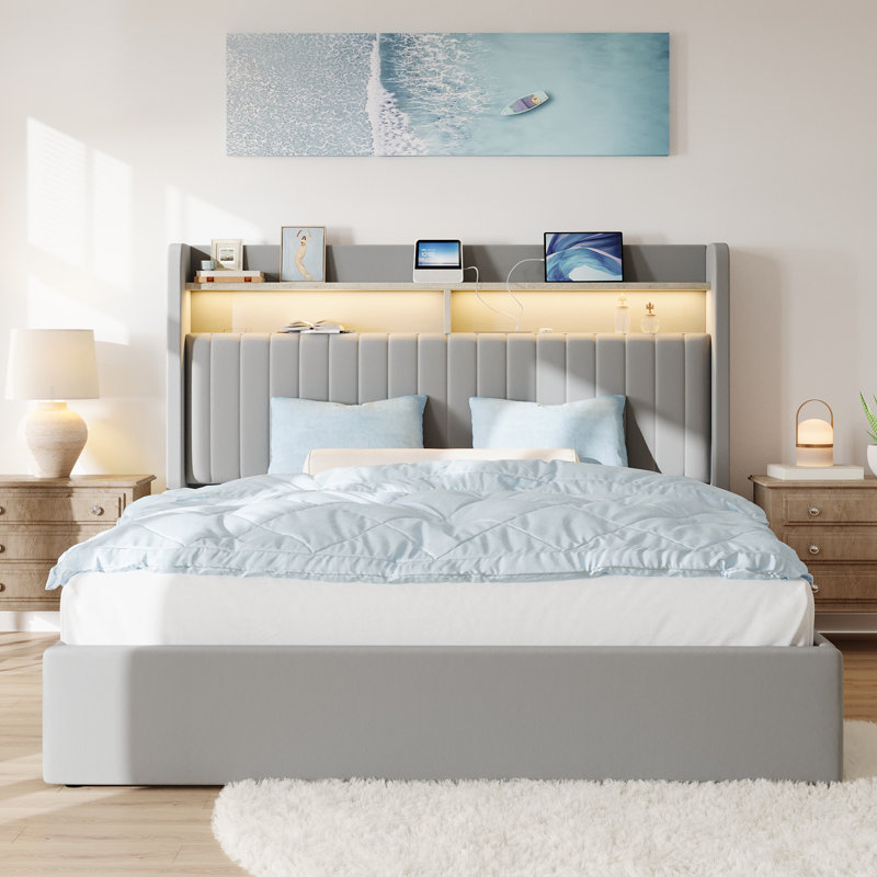 Hydraulic Lift Up Storage Upholstered Platform Wingback LED Bed With 2-Tier Shelves And Charging Station, Full, Gray