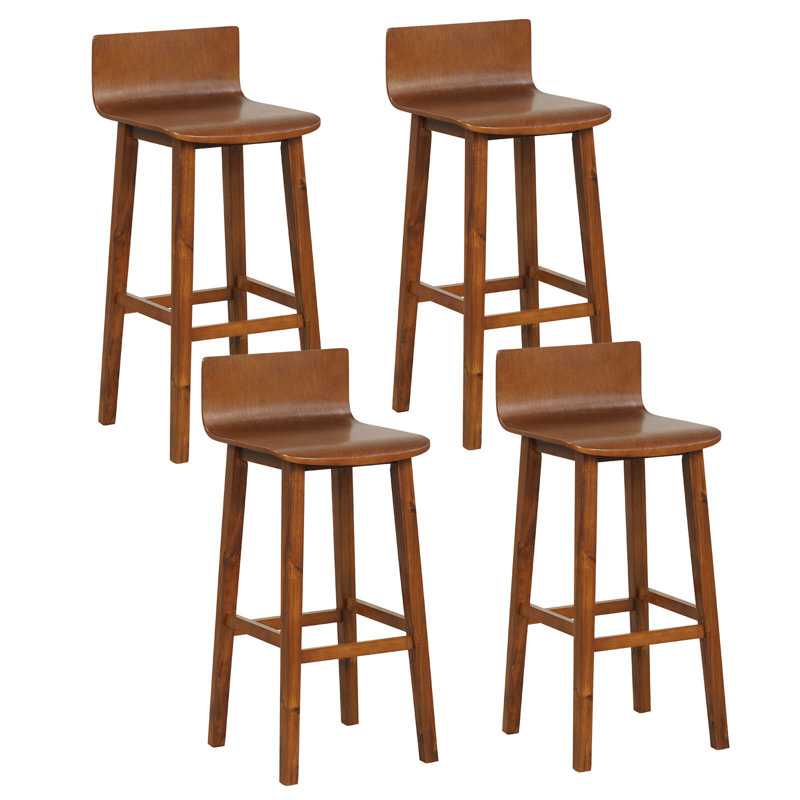 29" Wood Bar Stools With Solid Back & Seat Mid Century Bar Chairs, 4