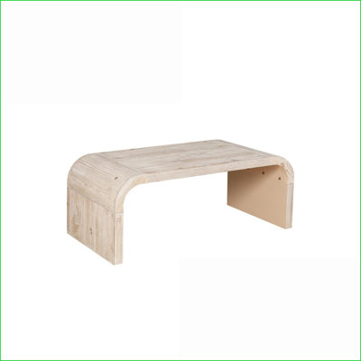 Natural Wood Washed Vintage Coffee Table with Curved Art Deco Design, Easy Assembly for Living Room
