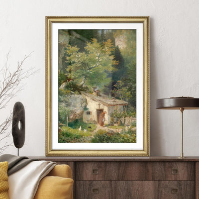 Charmante maison isolée dans un chalet avec verdure luxuriante et décoration d'art encadrée or forêt